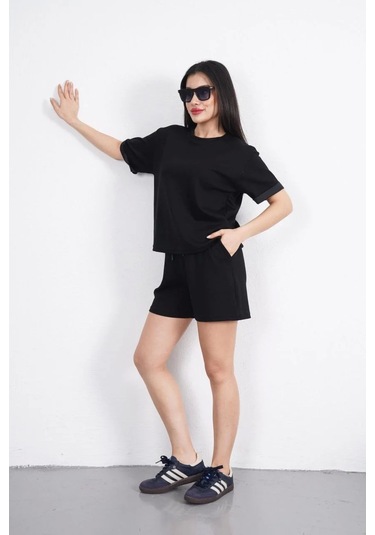 Osy Modal Yumuşak Dokulu Kumaş Kadın Bisiklet Yaka T-shirt Kısa Şort İkili Takım - Siyah Siyah