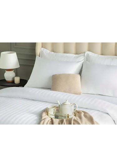 Çift Kişilik Çizgili Pamuk Saten Nevresim 220x230 King Size Mix & Match Otel Serisi Beyaz