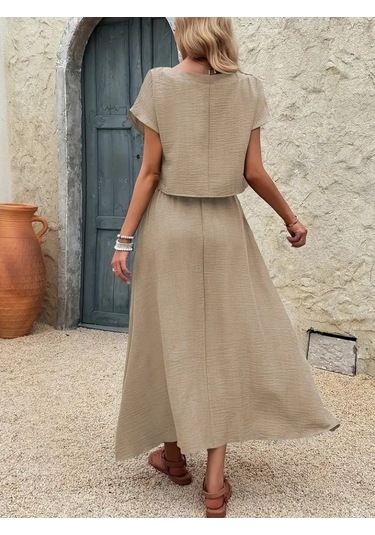 The İstanbul Kadın Kısa Kollu Bisiklet Yaka Bluz Etekli Ithal Keten Ikili Takım Bej