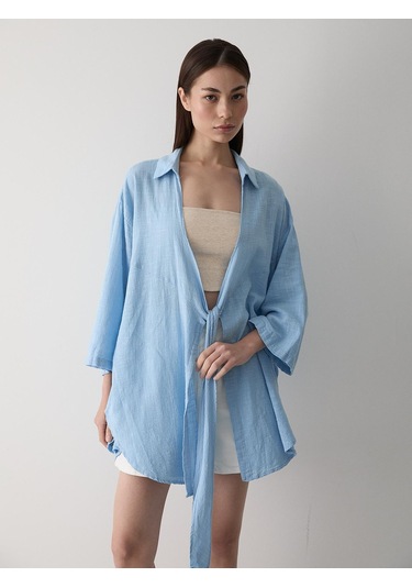 Mavi Flam Keten Kimono Gömlek Mavi