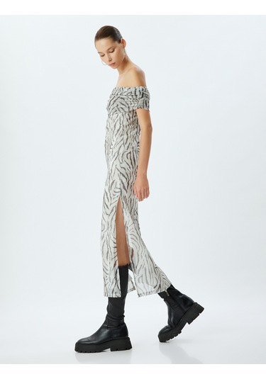 Koton Uzun Tül Elbise Madonna Yaka Zebra Desenli Yırtmaç Detaylı Gri Desenli 4sal80229ık