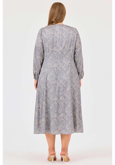 Galaxi Kadın Büyük Beden Desenli Fırfır Detaylı Elbise 4005 Mavi Mavi