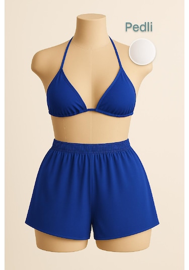 Kadın Mavi Şortlu Belden Ve Boyundan Bağlamalı Bikini Takımı Mavi