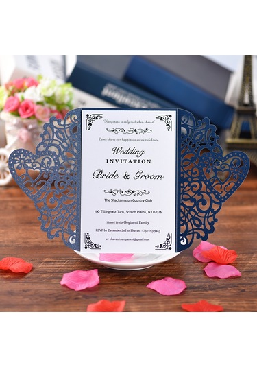 Shineyee 10 Adet Deniz Mavisi Gümüş Kağıt Davetiye Kapakları - Kalp Desenli, Düğün/doğum Günü Davetiyeleri, 18x12cm, D126 Serisi