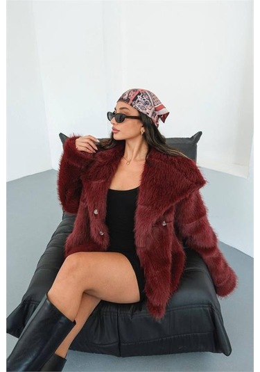 Neşeli Butik Kadın Bordo Astarlı Kürk Kaban Nbmylk32 Bordo