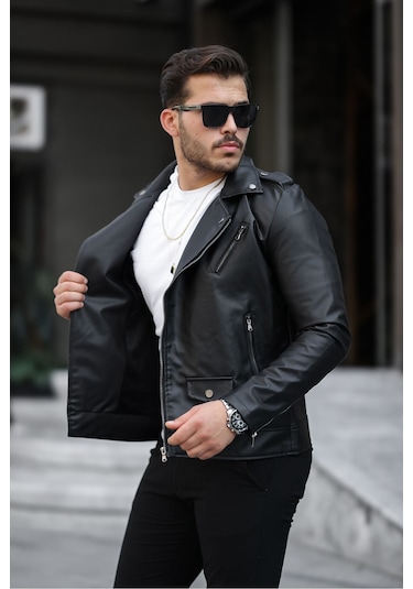 Erkek Çapraz Fermuarlı Deri Ceket Siyah
