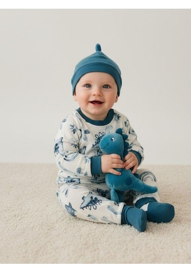 Zekids Erkek Bebek Pamuklu Dinazor Desenli Pijama Takımı-16268 Mavi