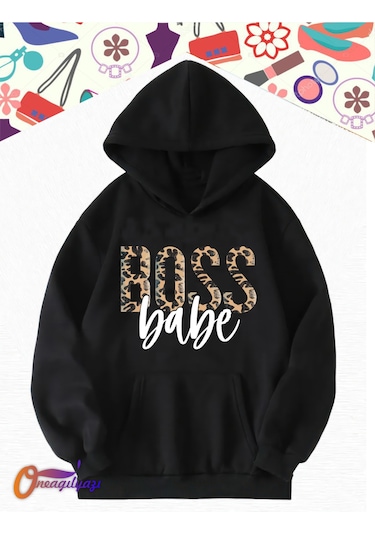 Boss Leopar Kadın Sweatshirt Hoodie Siyah