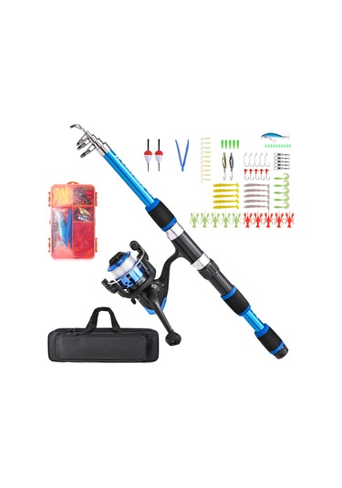 Qingmipy Mavi Teleskopik Olta Seti - Cam Fiber Kamış, Makine, Çanta Ve Olta Malzemeleri Dörtlü Paket 44cm-173cm