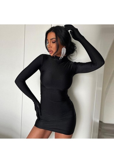 Eldivenli Uzun Kollu Katı Mini Elbise Vücuda Oturan Seksi Sokak Partisi Yarım Yaka Kıyafetler Y2k Giyim Toptan Siyah