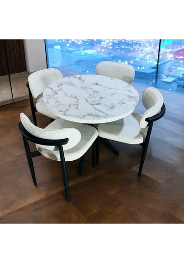 Yeliz Mutfak Masa Takımı 4 Kişilik Beyaz Mermer Desenli Yeliz002 Beyaz