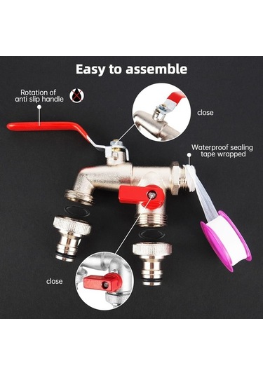 Maoyaya Çift Çıkış Musluğu, 1/2-3/4 İnç Küresel Vana, Ekru Pirinçten Ekru