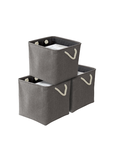 Leezsing Büyük Katlanabilir Kumaş Keten Saklama Kutuları 3'lü Set Raflar, Dolaplar İçin Keten Halat Saplı Katlanabilir Sağlam Dikdörtgen Sepetler Gri Renk