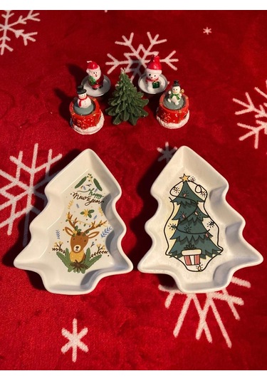 Yılbaşı Temalı 2'li Ağaç Tasarımlı Desenli Seramik Sunum Servis Tabağı 17x12 Cm Geyikli Ve Çam Ağaçlı