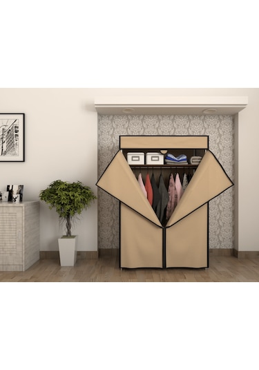 Çelik Borulu Bej Bez Dolap Gardrop Bej