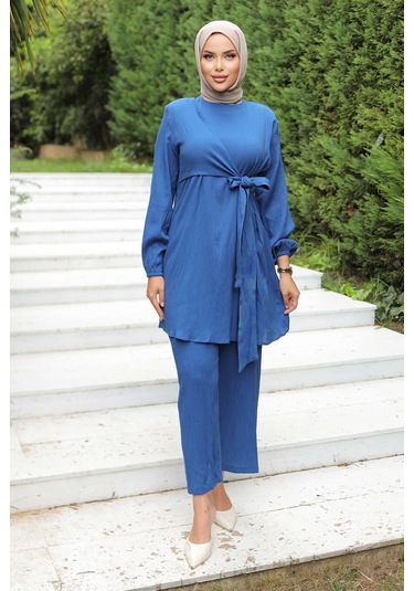 Yandan Bağlamalı Tesettür İndigo Takım I Ndigo