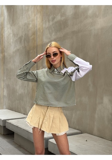 Kadın Özel Tasarım Yaka Koldan Giymeli Düğmeli Çizgi Garnili Crop Boy Tesettüre Uygun Bluz Gömlek Haki