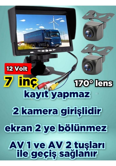 7'' Ekran + 2 Adet 170'' Geniş Açılı Kamera Set Kayıt Yapmaz 12v