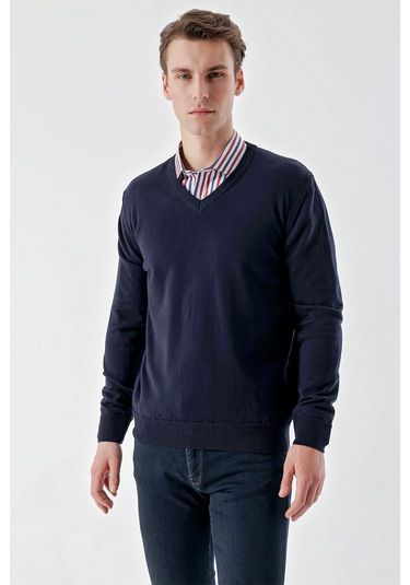 Morven Erkek Lacivert Basic V Yaka Dynamic Fit Rahat Kesim Triko Lacivert