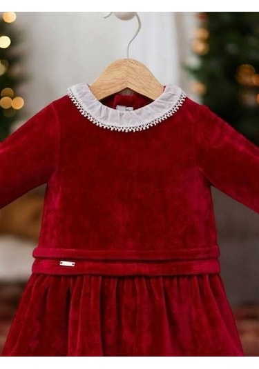 Cantoy Kız Bebek Kırmızı Kadife Tasarım Elbise-15216 Kırmızı