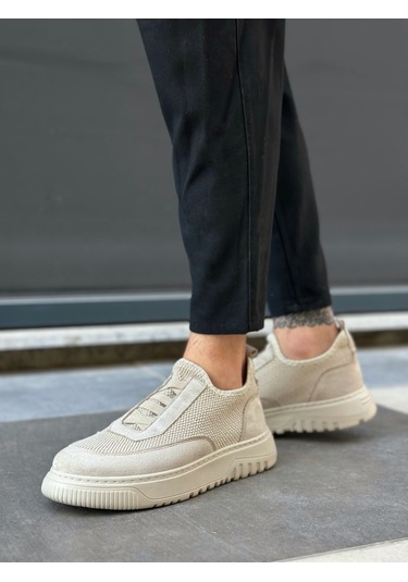 Pabucmarketi Bağcıksız Lastik Detaylı Triko Erkek Hi Sneaker Bej Bej Taban Renkli