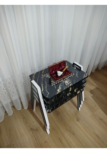 Zigon Sehpa 3'lü Mermer Desenli Tepsi Model Siyah-sarı Mermer Anrasit Ayak Siyah Sarı Mermer