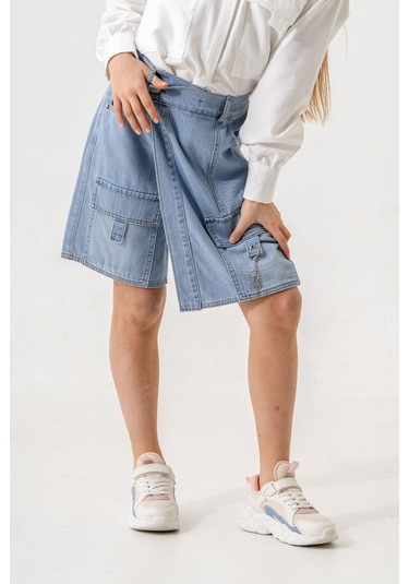 Kız Çocuk Şeritli Kot Şort Etek 2875 Açık Mavi