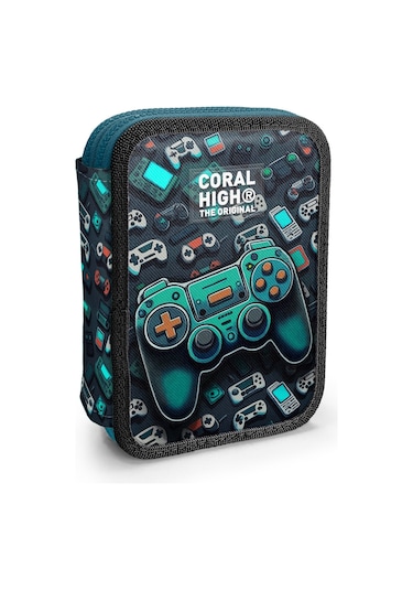 Coral High Kids Nefti Gamer Desenli Çift Katlı Kalem Çanta 11155 Petrol Mavi