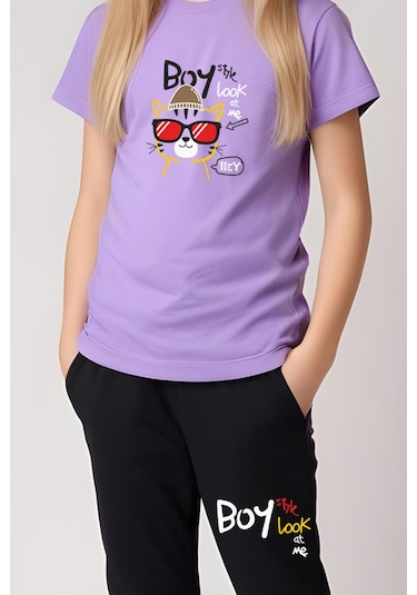 Fyk Kids Kız Çocuk Yuvarlak Yaka Baskılı Boy Cat Alt-üst Pijama Takımı Lila