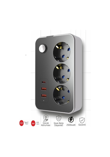 Winnboss Termal Akım Korumalı Usb Ve Type-c 2.1a Şarj Çıkışlı 10a 2500w 3'lü Uzatma Grup Priz 3414 2 M