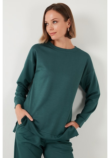 Lela Streç Oversize Fit Bisiklet Yaka Modal Kumaş Bayan Sweat 5865877 Nefti