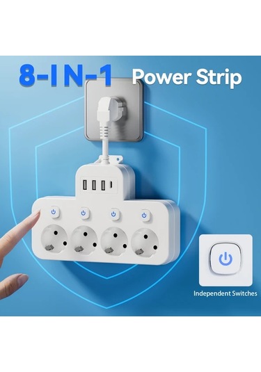 Xuweiwei 8li Avrupa Standart Güç Şeridi Siyah Aşırı Yük Korumalı 4 Ac Çıkış 3 Usb Port Duvara Monte Şarj İstasyonu Ev Ofis Seyahat İçin