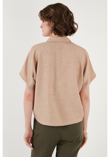Lela Dantelli Relaxed Fit Kısa Kollu Bayan Gömlek 5865764 Taş