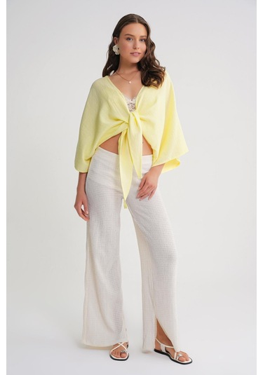 4723 Kadın Önü Bağlamalı Bolero Bluz Sarı Sari