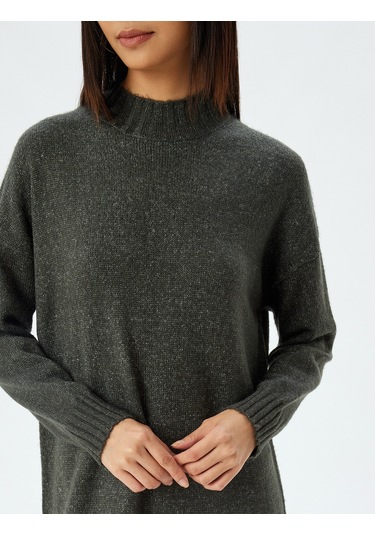 Koton Triko Elbise Midi Boy Dik Yaka Uzun Kollu Düşük Omuzlu Bol Kalıp Gri 5wal80002ht Gri