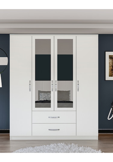 Metalia Gm0035 Esil 4 Kapılı 2 Çekmeceli Aynalı Gardrop Dolap Beyaz