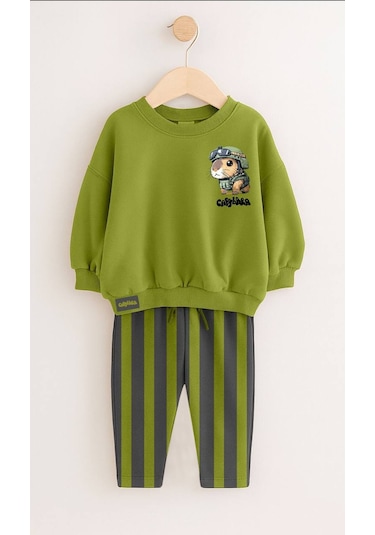 Kız Çocuk Capybara Desen Yeşil Renk Sweatshirt Çizgili Jogger Alt Üst Takım Yeşil
