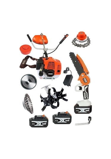 Mager Tırpan Çim Biçme Makinası Çapa Aparatı Dahil + Yedek zincirli İki Akülü Dal Budama Makinası