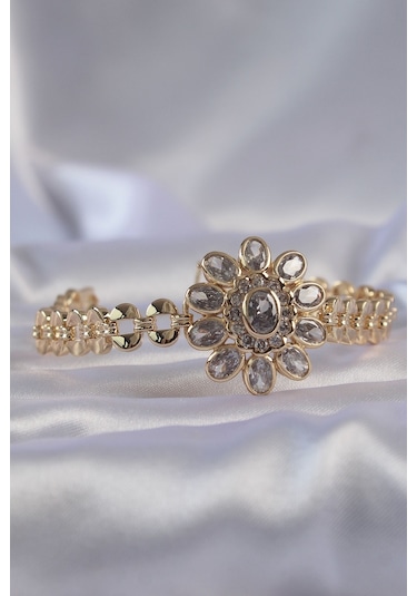 Pirinç Gold Renk İri Zirkon Taşlı Çiçek Figürlü Bileklik - Tj-bb6141