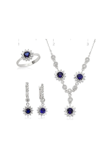 Gümüş Yuvarlak Lacivert Taşlı Set