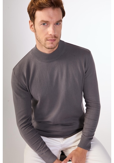 Dufy %100 Pamuk Düz Erkek Triko - Slim Fit Antrasit