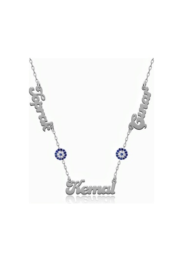 3 Üç Isimli Nazarlı Aile Kolyesi Gümüş Kolye