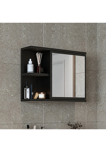 Kulpsuz Tek Kapaklı Mat Suntalam 60 Cm Aynalı Banyo Üst Dolap Syh Siyah