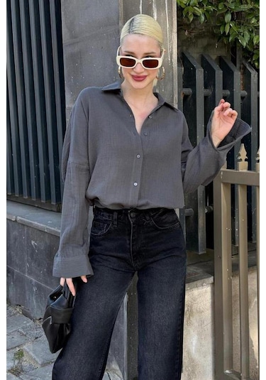 Madmext Antrasit Muslin Kumaş Basic Kadın Gömlek Mg1660 Antrasit