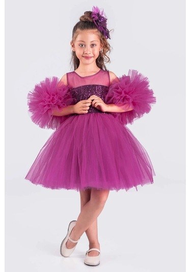 Kız Çocuk Abiye Elbise Ponpon Kol Pul Payetli Tütülü Fuşya