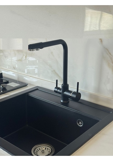 Paslanmaz Pirinç Arıtmalı Mat Siyah Eviye Bataryası Siyah