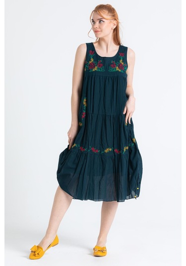 Kolsuz Vual Ahsen Nakışlı Midi Boy Elbise Petrol Ptrl-petrol