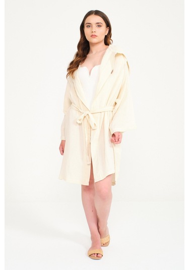 Pamuklu Kısa Kapüşonlu Müslin Kadın Bornoz Bej