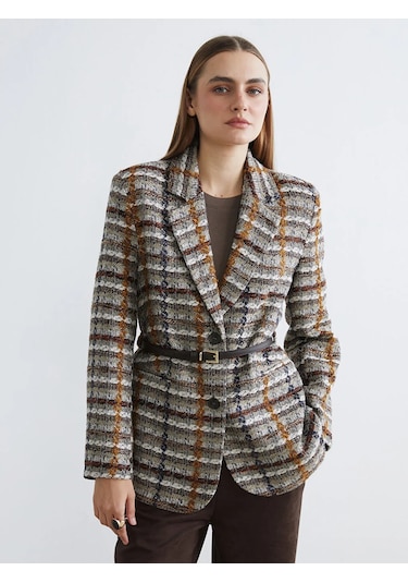 Lc Waikiki Bej Ekose Kemerli Kadın Tüvit Blazer Ceket