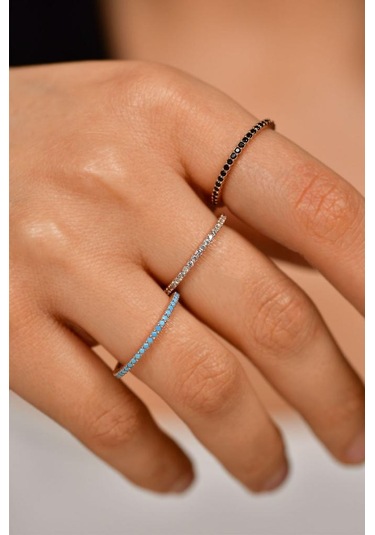 Roza Silver 925 Ayar Mix Taşlı Rose Minimal Tamtur 3'lü Gümüş Yüzük Set Rr10023